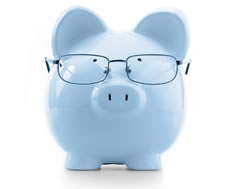 photo shows a blue piggy bank wearning glasses - he is providing financial advice to people facing redundancy